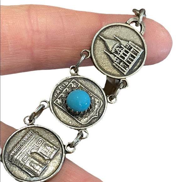 Vintage silver finish torquois Eiffel Tower Paris Tour Travel bracelet Cathedral - Picture 5 of 8